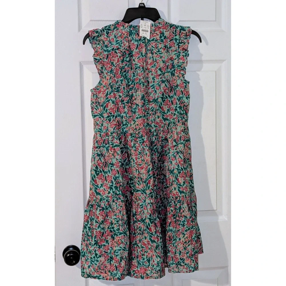 J. Crew Tiered Floral Ruffle V Neck Tassel Dress XS Mint Pink Green NWT‎ $98